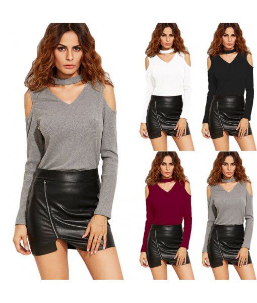  European and American V-neck off shoulder sexy slim long sleeve T-shirt women's spot 