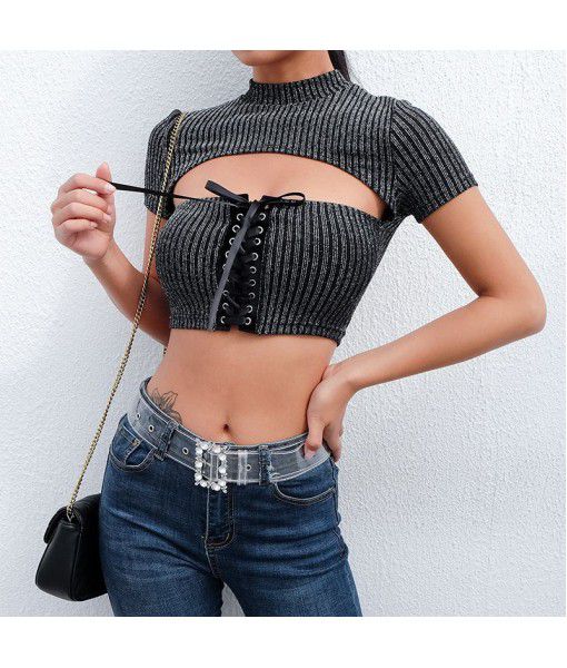  European and American women's fast selling popular summer new sexy hollowed-out bandage slim exposed navel bright silk T-shirt female