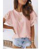  Europe and America Summer New Solid Round Neck Splice Lace Flying Sleeve Short Sleeve T-shirt Top Women