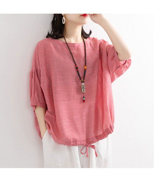  loose casual T-shirt female bat shirt with drawcord round neck middle sleeve imitation cotton linen shirt top summer cross-border