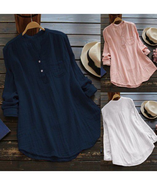  Europe and the United States new pure color versatile long sleeve stand collar Long Shirt Top 