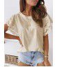  Europe and America Summer New Solid Round Neck Splice Lace Flying Sleeve Short Sleeve T-shirt Top Women