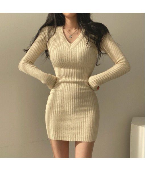  Autumn and Winter Vintage New Korean Design Neck Slim Fit Bottom Knitted Dress Women's Hip Skirt
