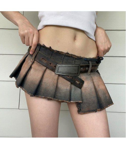 American street retro wash tie-dye irregular one-piece high-waistband pleated skirt sexy hot girl miniskirt 
