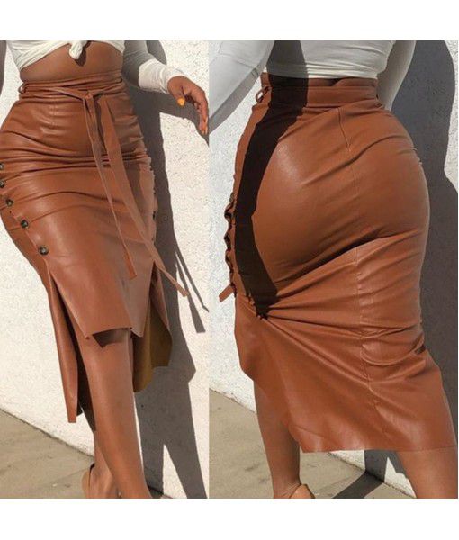 Autumn and winter European and American foreign trade leather skirt Amazon women's clothing hot sale Slim fit split mid-length buttock skirt PU skirt