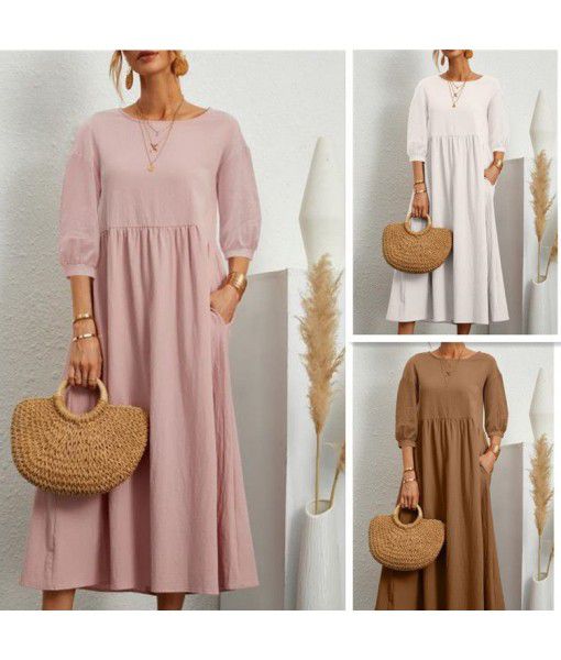  new women's Amazon pure color fashion lantern sleeve loose cotton pocket dress in stock