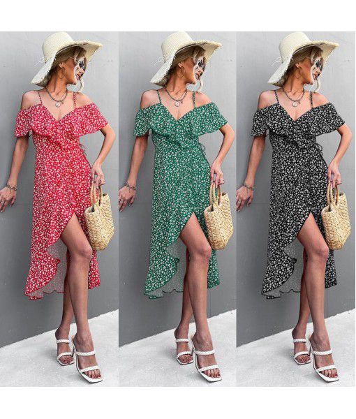  Spring and Summer New Line Independent Station Women's Wear eBay's Hot One Shoulder Fragmented Flower Sling Dress Irregular Long Dress