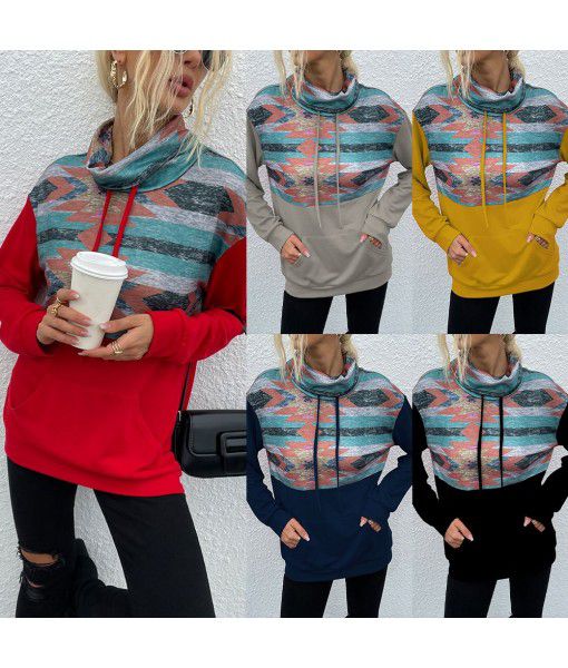 Cross-border new product 2021 autumn and winter new European and American women's clothing pile collar pullover fashion printing color matching women's sweater women