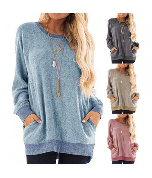  Autumn and Winter Women's Round Neck Contrast Pocket Sweater Long Sleeve Pullover Sweatshirt Casual T-shirt