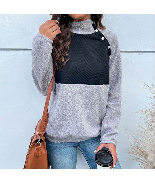  independent station cross-border European and American foreign trade fashion women's new color-blocking long-sleeved semi-high collar plush sweater women