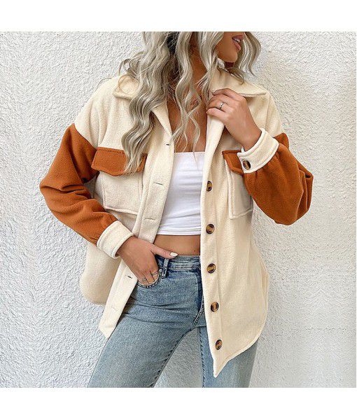  autumn and winter new European and American fashion women's lapel color matching long-sleeved fleece coat
