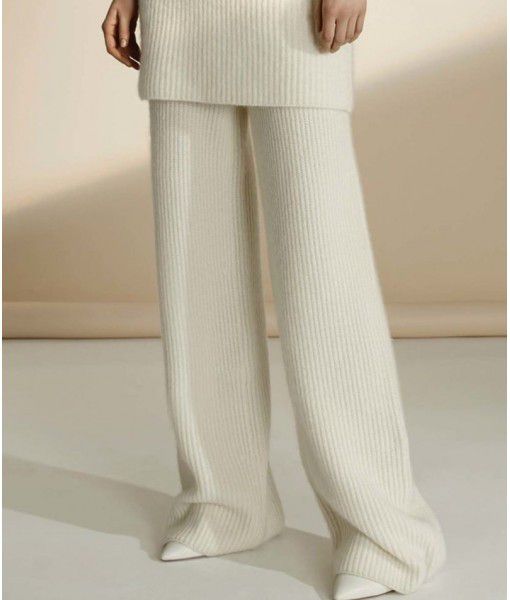 Women's wide leg trousers wear new white knitted trousers in autumn and winter, high waist draping loose wool pants