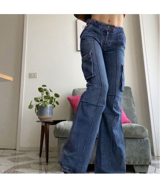  European and American street fashion foreign trade women's clothing ins Spicy girls style multiple pockets show thin slightly flared high waist jeans women