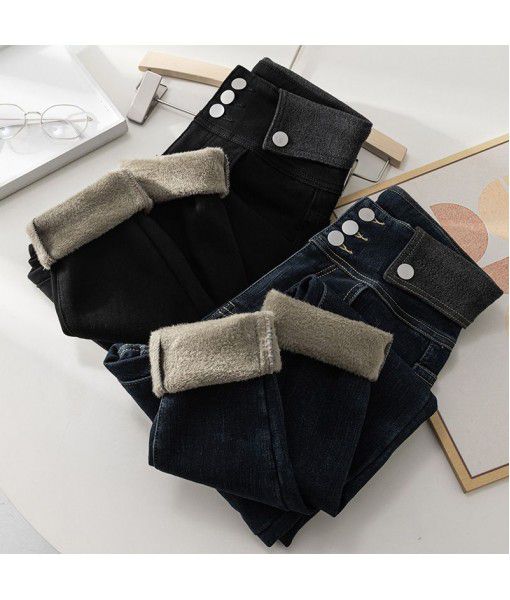 359 black plush jeans for women in autumn and winter, thickened loose Haren pants, slim straight tube, high waist, dad pants