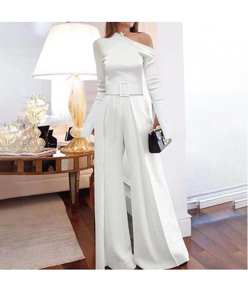 New Women's Long Sleeve Slim Fit One Shoulder Sexy Casual Lace-up Wide Leg Pants