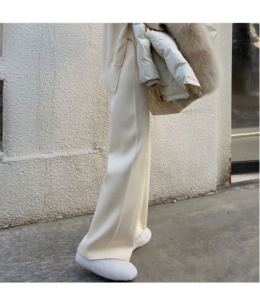 Cream white knitted wide leg trousers ...