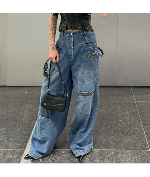 American style tall multi-pocket zippered old jeans for women 2022 new ribbon straight leg wide leg trousers
