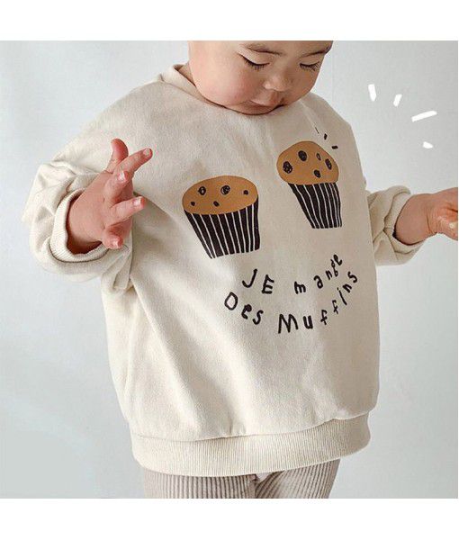 Korean children's clothing 22 spring girls' baby foreign cartoon cupcake playful split children's long-sleeved T-shirt