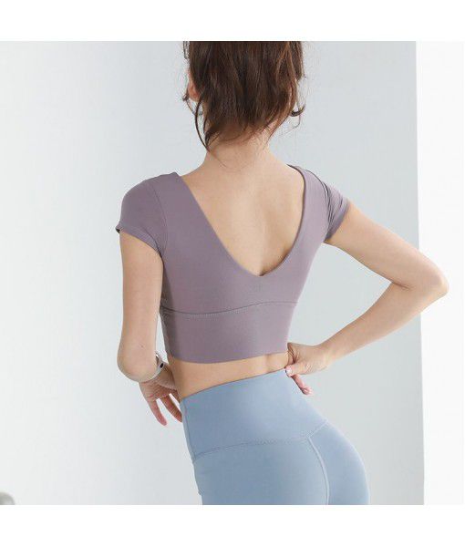 Yoga suit new style sports professional skin-friendly women's navel exposed short-sleeved t-shirt beautiful straps V-step sports tights