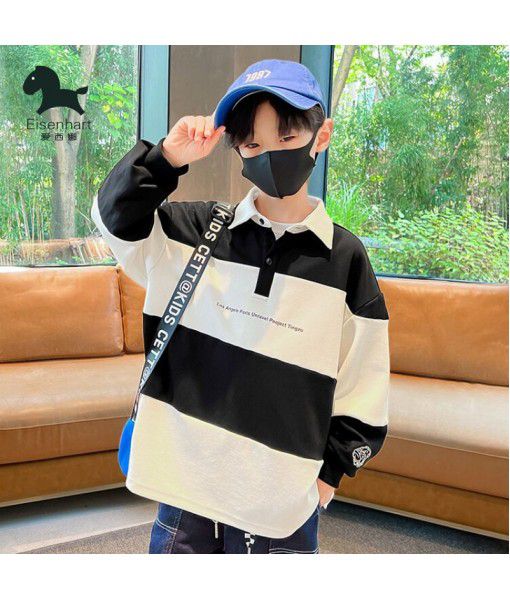 Boys' polo shirt long-sleeved autumn 2022 new product Aisina children's wear striped patchwork sweater medium and large children's threaded sleeve 