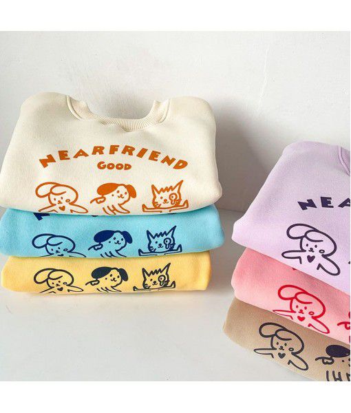 Boys and girls' new plush cartoon printed sweater for autumn and winter wear children's warm and thickened round neck casual top