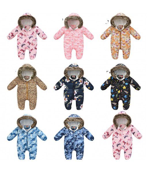 autumn and winter new children's cartoon print climbing clothes for boys and girls one-piece clothes with cotton jacket, wool collar and hat for warmth protection
