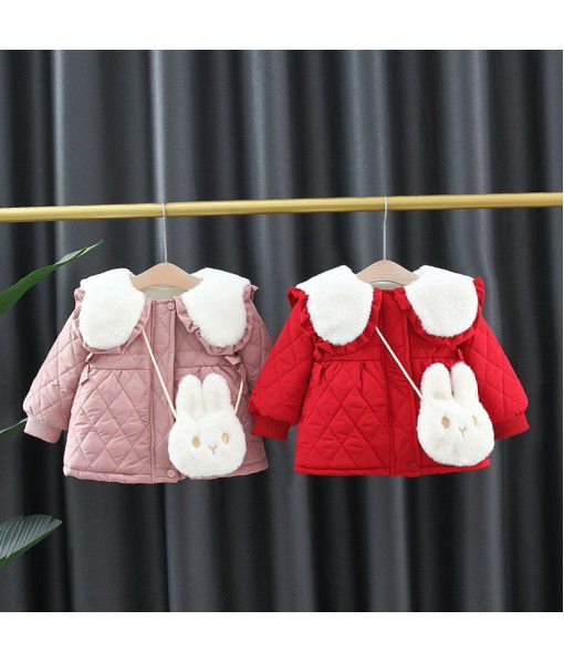 Winter girls' thickened cotton clothes new large lapel cartoon outerwear foreign style honing cotton rhombus plush cotton clothes
