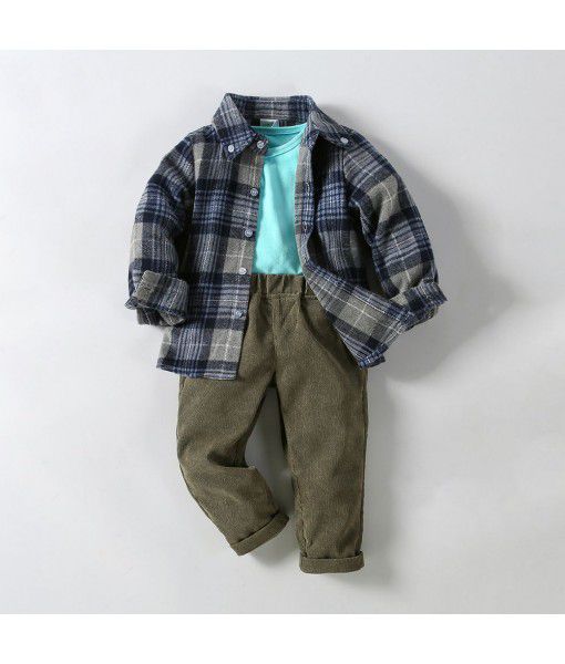 Ins boys' plaid shirt jacket knitted T-shirt corduroy trousers three-piece set for children