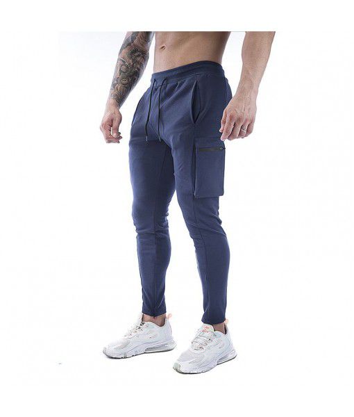  Cross-border Trade Men's Sports Pants Elastic Cotton Casual Feet Large Zip Pocket Men's Pants