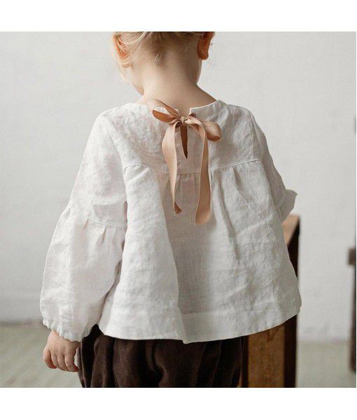 Girls' top  autumn new cute foreign baby doll shirt Sen cotton linen long-sleeved T-shirt children's wear